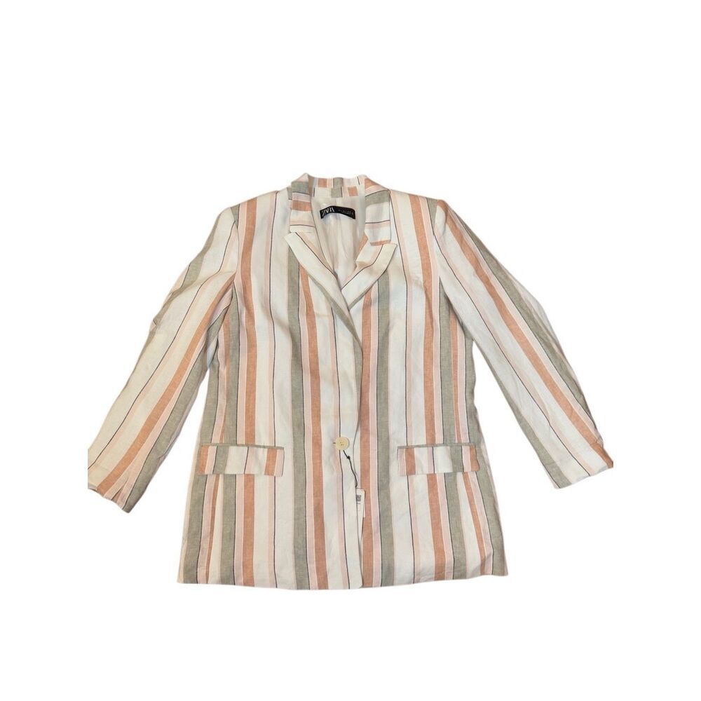 Zara Women's Linen Blend Striped Blazer NEW Sz L Coral, Cream, Mint Green